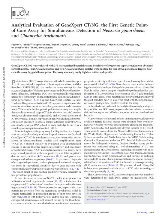 Analytical evaluation of GeneXpert CT/NG, the first genetic point-of-care assay for simultaneous detection of Neisseria gonorrhoeae and Chlamydia trachomatis.