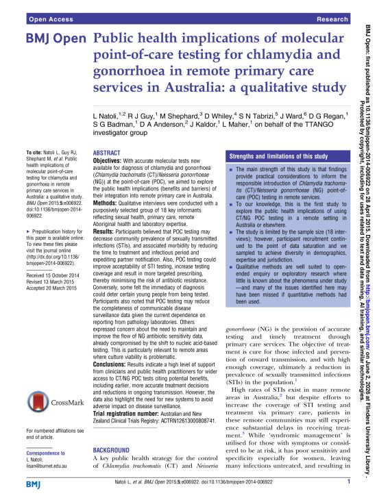Public health implications of molecular point-of-care testing for chlamydia and gonorrhoea in remote primary care services in Australia: a qualitative study.