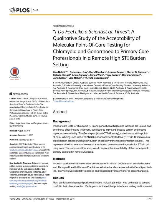 A Qualitative Study of the Acceptability of Molecular Point-Of-Care Testing for Chlamydia and Gonorrhoea to Primary Care Professionals in a Remote High STI Burden Setting.